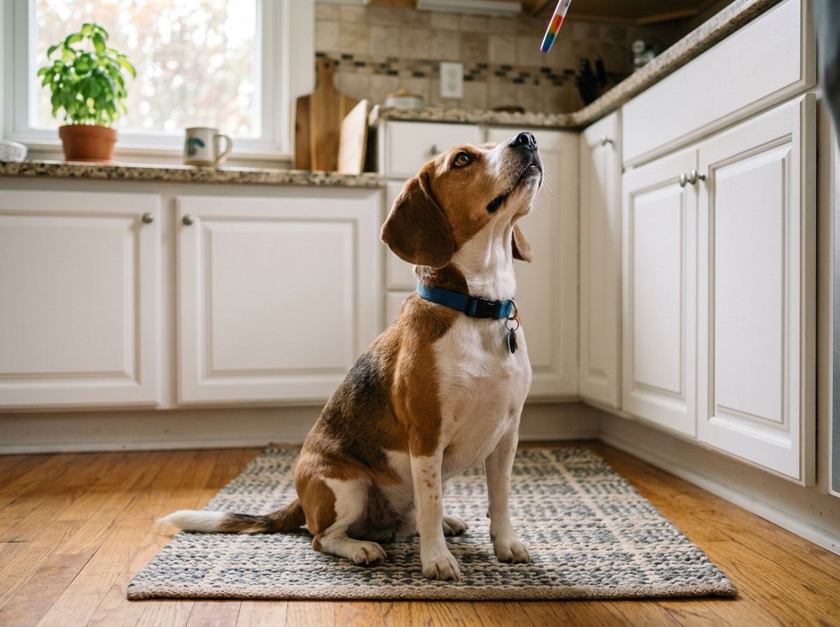 A kitchen training loop with a dog waiting for a named criterion