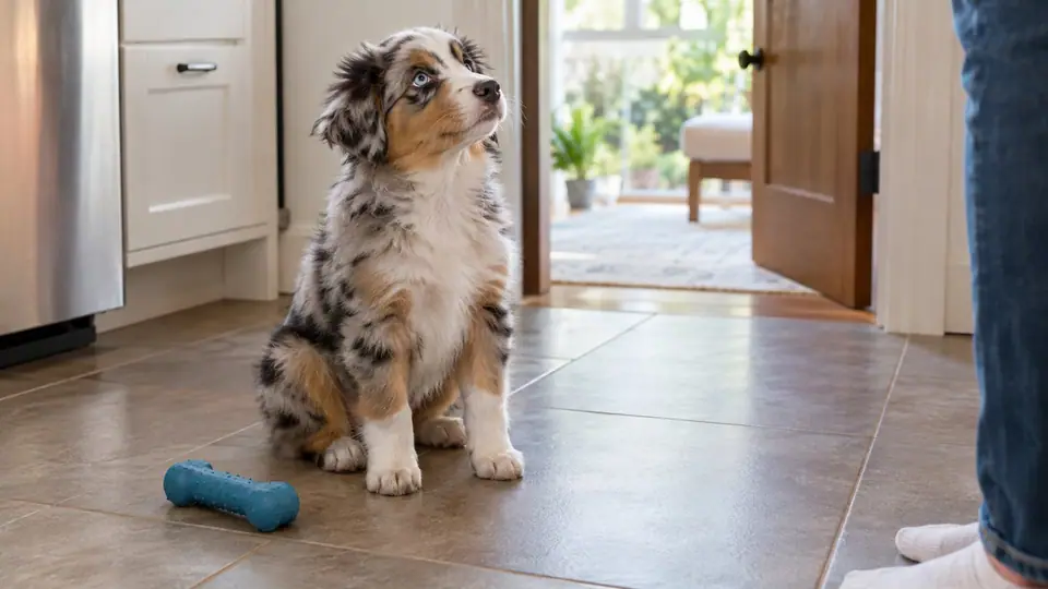 Australian Shepherd puppy sitting by a toy on a kitchen floor