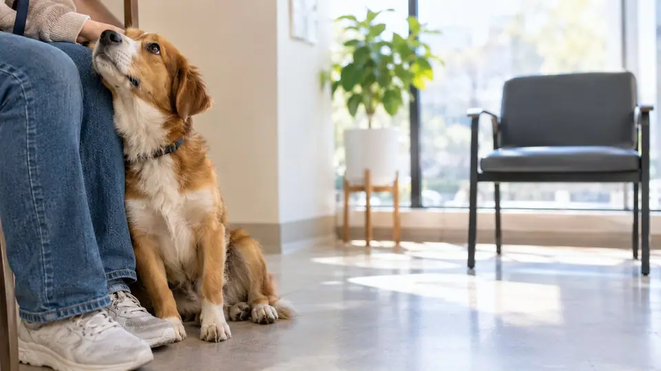 Dog leaning against its owner's legs in a room