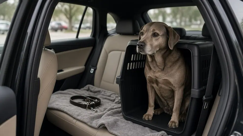 Dog sitting in a travel crate on the back seat of a car
