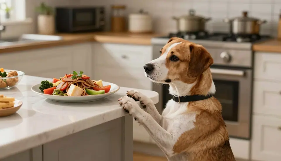 Dog with front paws on the kitchen counter reaching for a plate of food