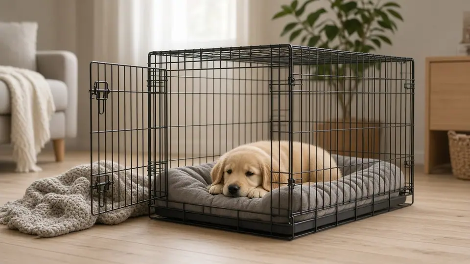 Puppy lying calmly in an open wire crate