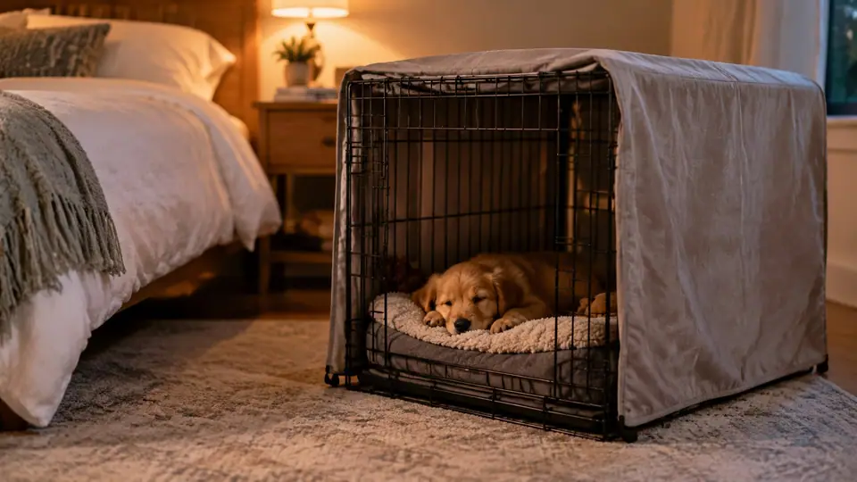Puppy asleep in a covered crate beside a bed