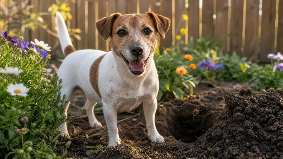 Terrier standing next to a hole it dug in a garden flower bed