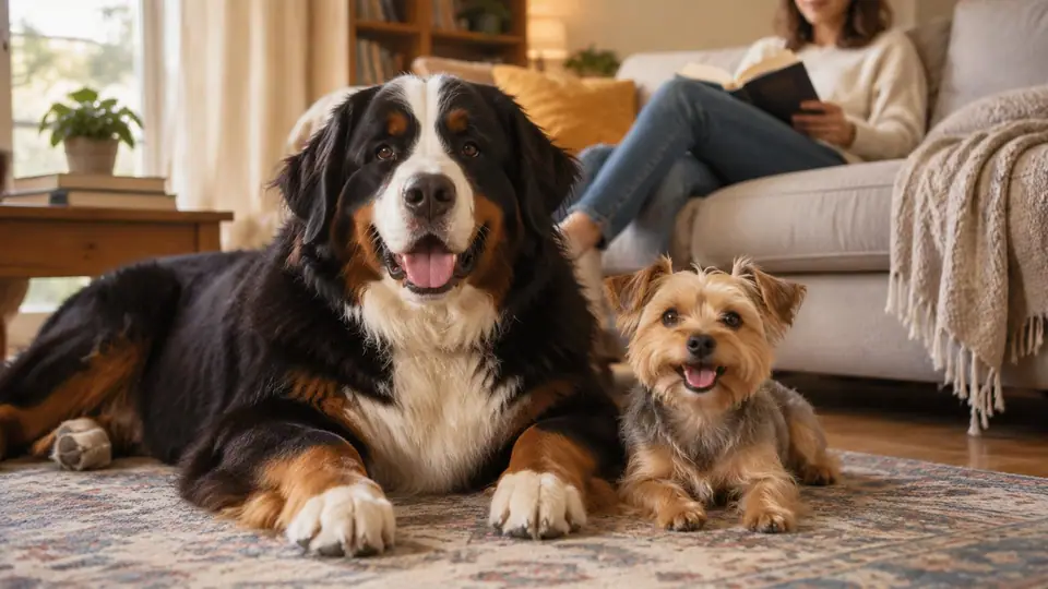 Bernese Mountain Dog and a terrier lying together near their owner