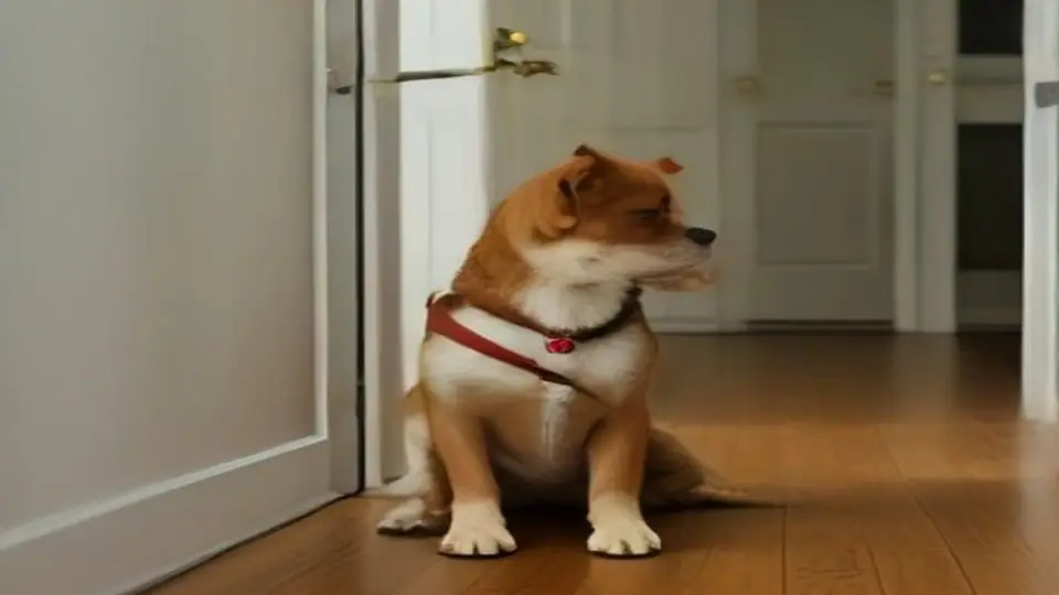 Small dog in a harness sitting quietly by the front door
