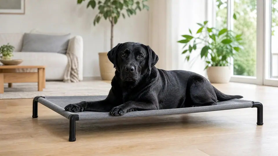 Black Labrador lying on a raised dog bed in a living room