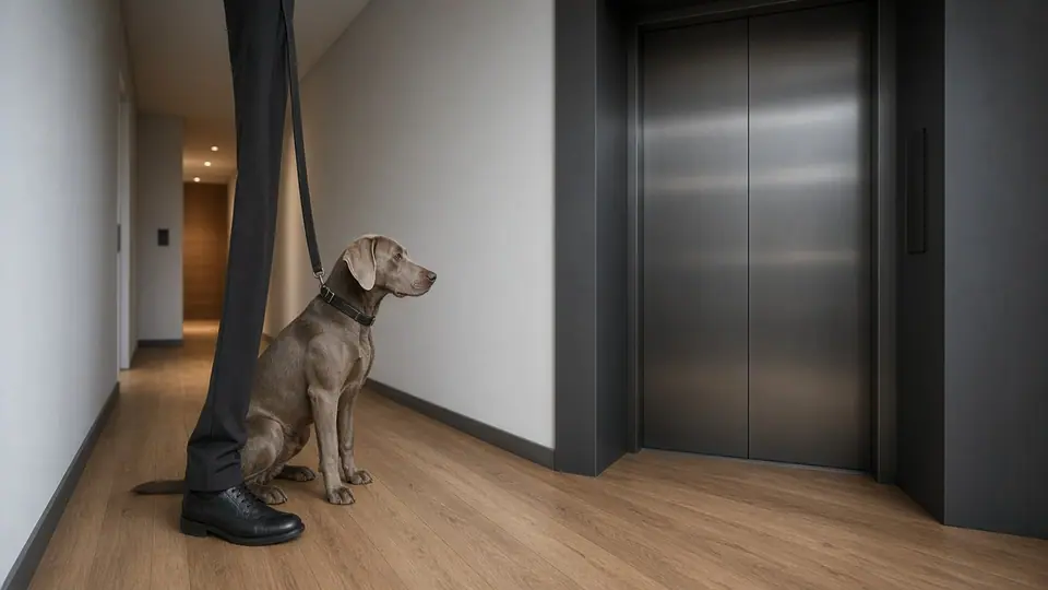 Dog sitting on a lead beside its owner at a lift door in an apartment hallway