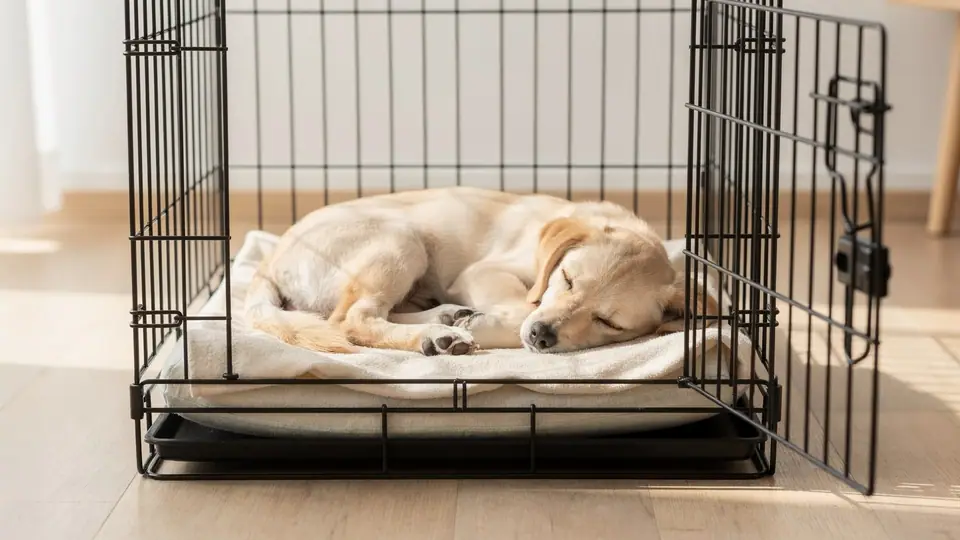 Puppy taking an enforced nap in a wire crate