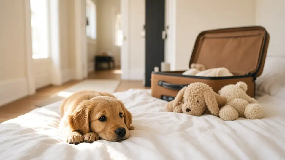 Golden puppy lying on a bed beside an open suitcase in its first week home