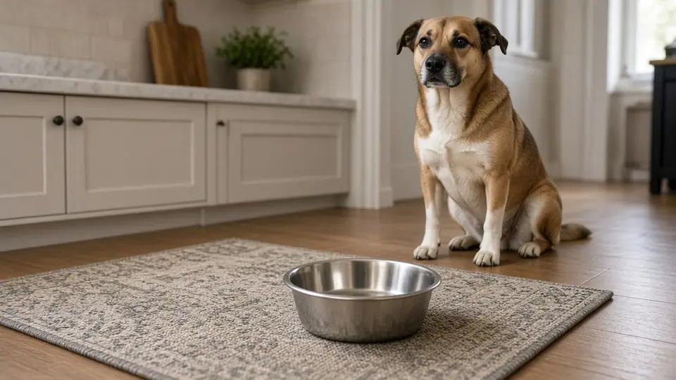Dog waiting politely beside an empty food bowl in a kitchen