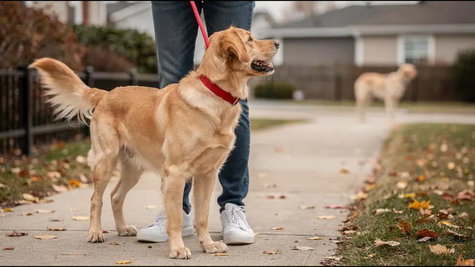 Photo illustrating: Frustrated greeter dog on leash: calm pass-bys