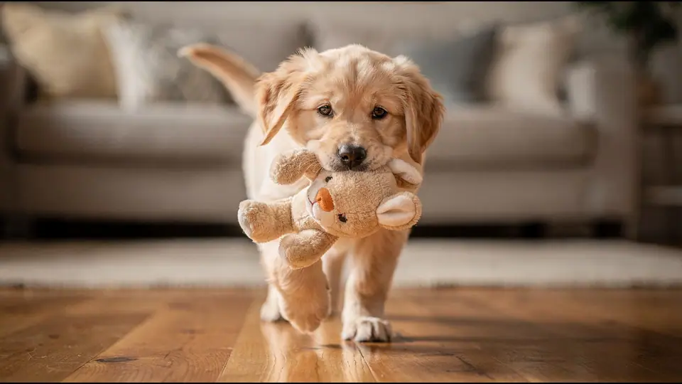 Photo illustrating: Golden retriever puppy biting: carry jobs and calm hands