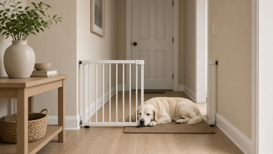 Dog resting on a bed behind a baby gate near the front entrance