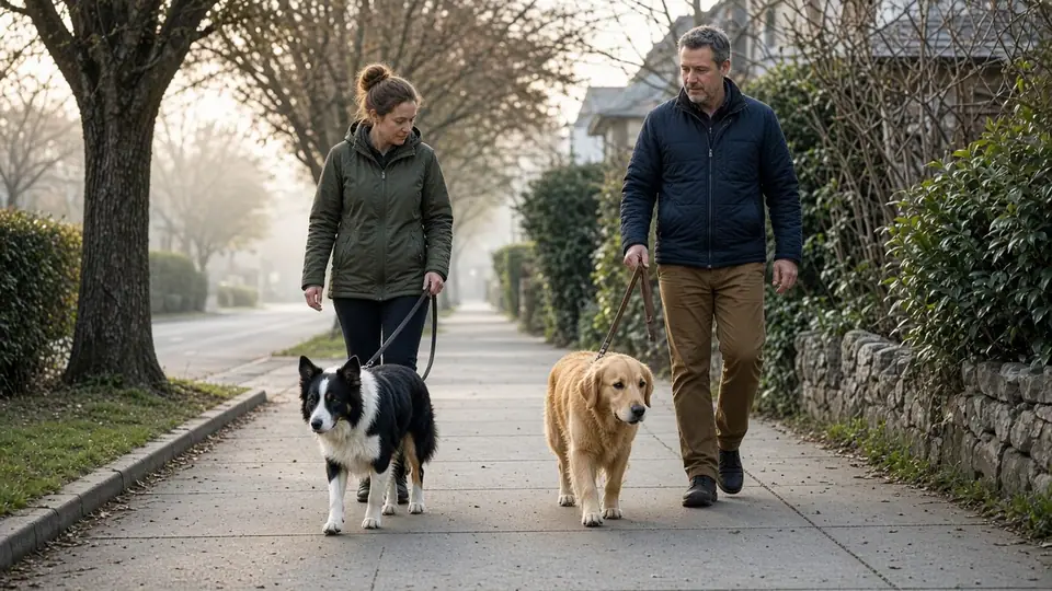 Two owners walking two dogs side by side on a park path