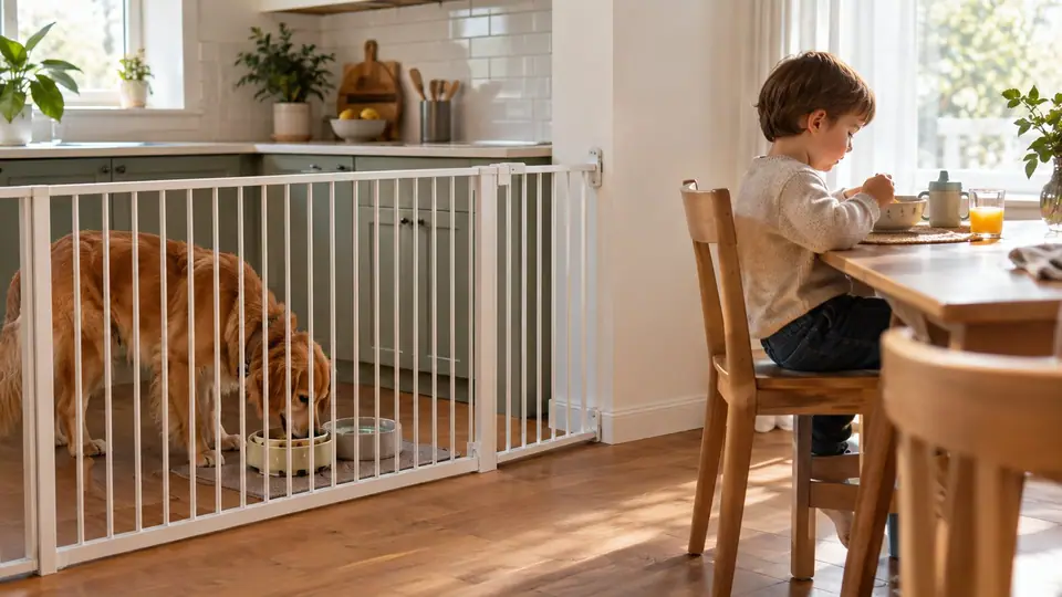Child eating at the table while the dog stays behind a gate