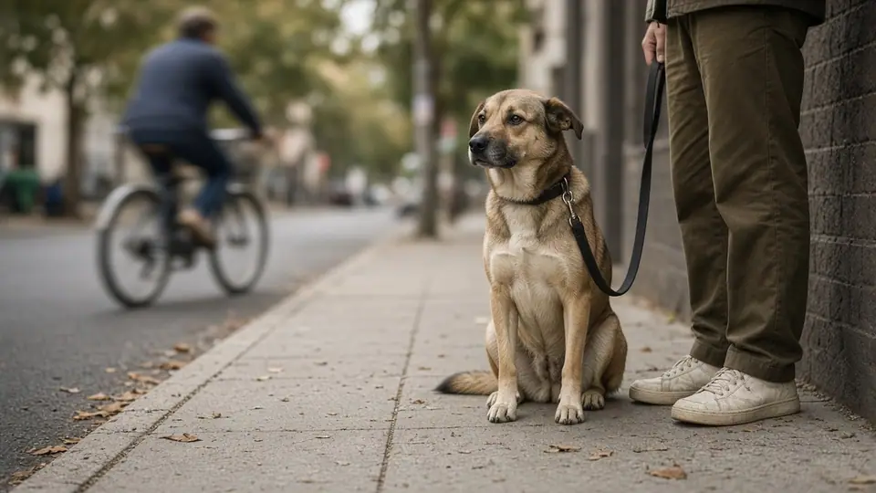 Dog sitting calmly on a lead while a cyclist passes on the pavement