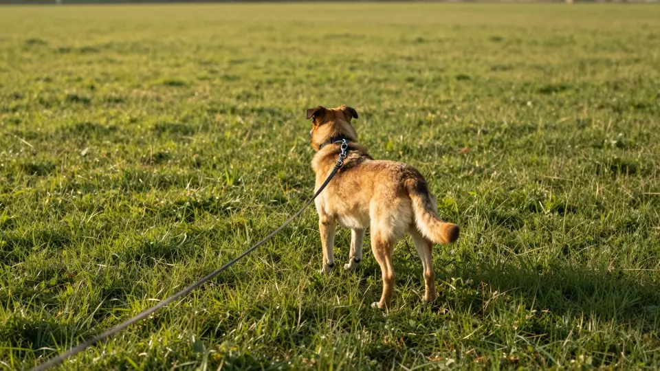 Dog standing in a grassy field during long-line recall practice