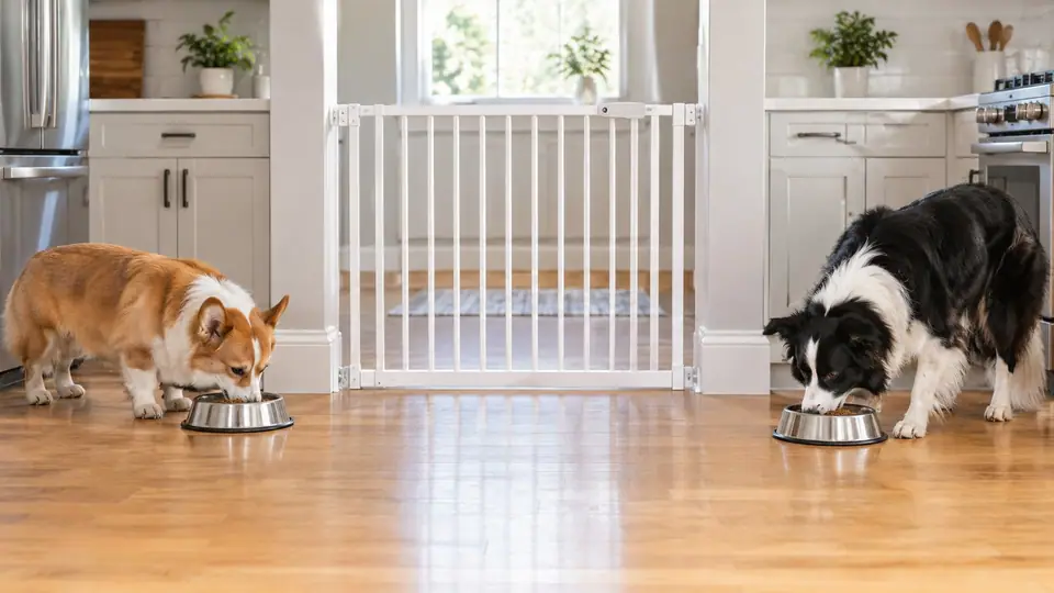 Two dogs eating from separate bowls well apart in a kitchen
