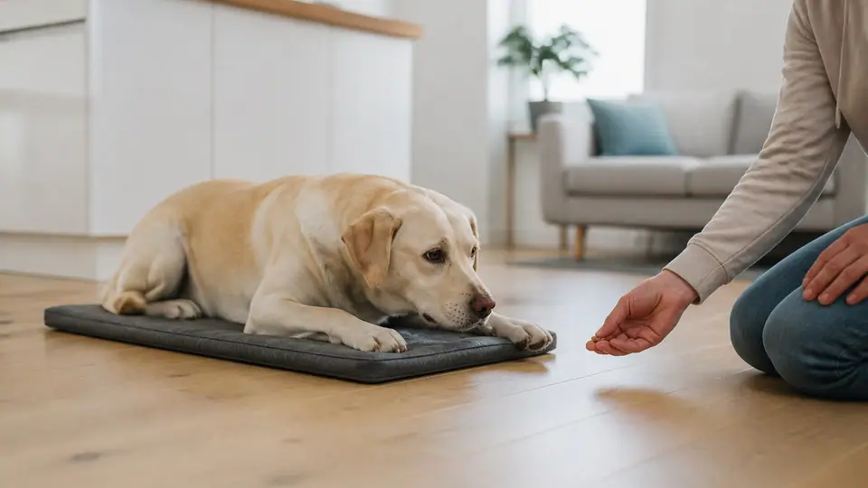 Yellow Labrador lying on a mat as its owner teaches the place cue