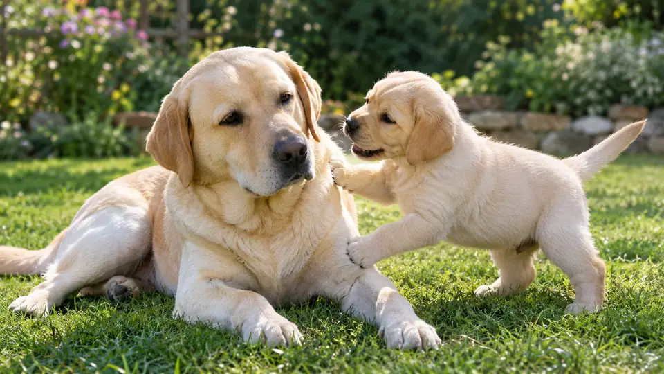 Adult Golden Retriever lying down while a Golden puppy plays beside it