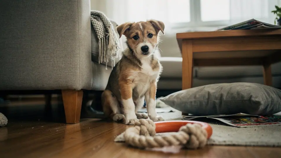 Puppy beside a sofa with a rope toy on the floor