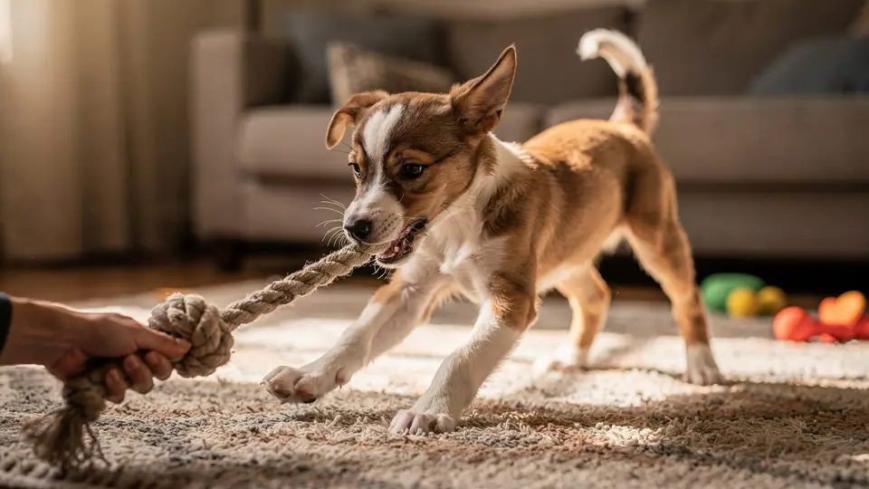 Photo illustrating: Puppy growling: play growl or warning growl?