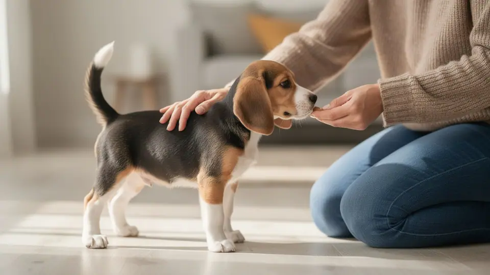 Owner resting a hand on a beagle puppy's shoulder while offering a treat