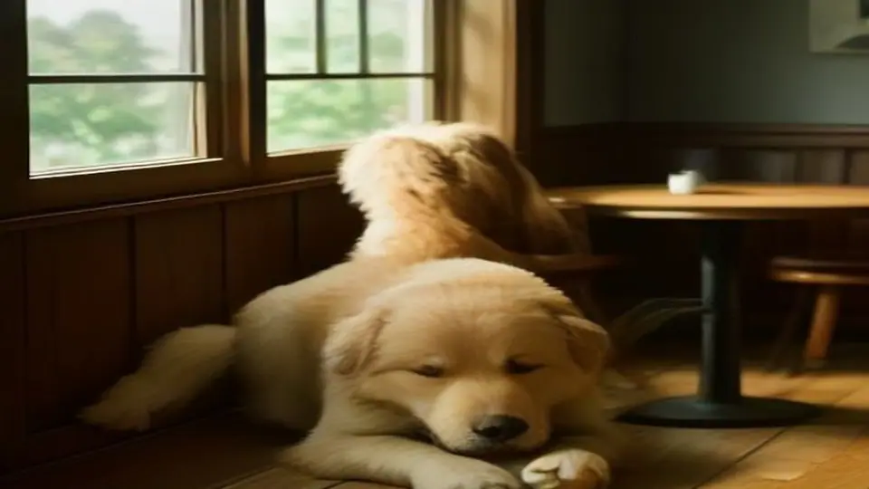 Golden puppy settling quietly on the floor by a table