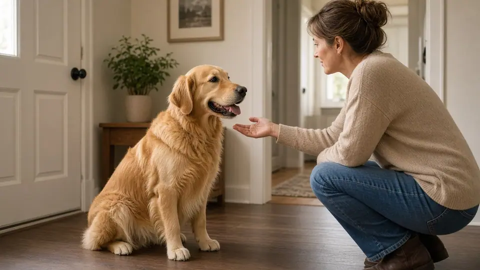 Golden Retriever sitting politely to greet a person at home