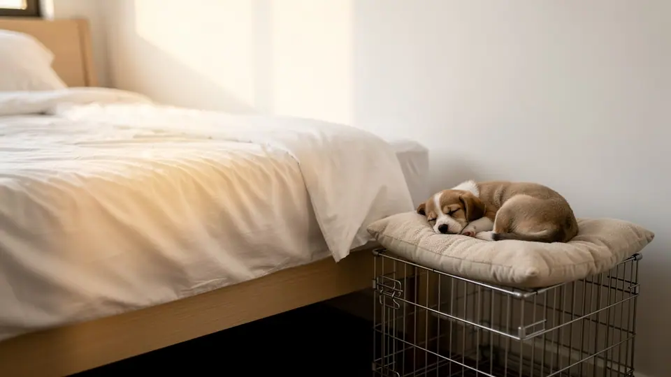 Puppy asleep in a crate beside the bed in morning light