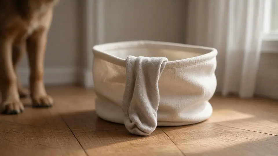 Dog standing next to a laundry basket with a sock hanging out