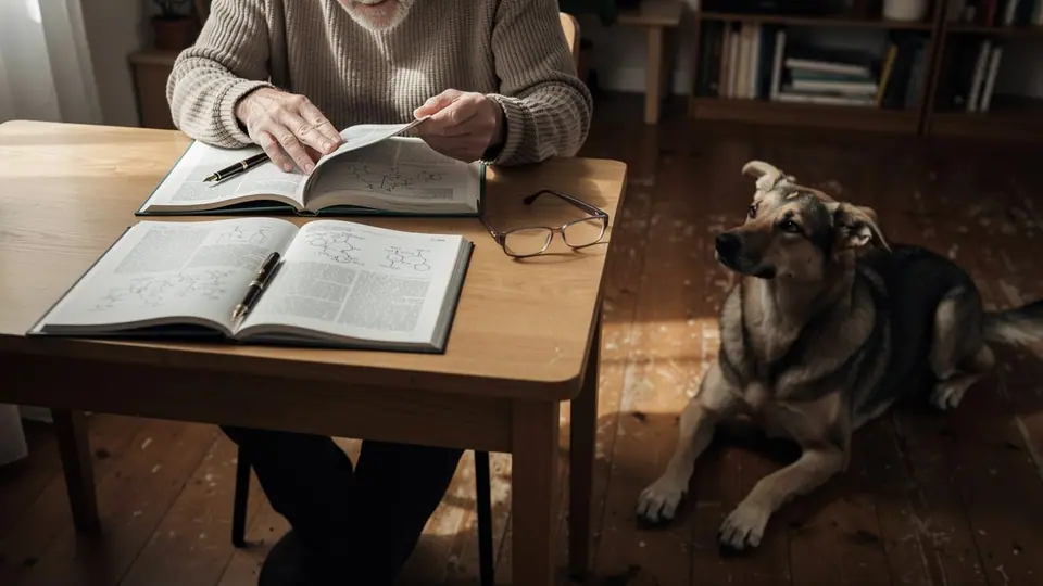 Owner reading research papers at a desk while a dog rests nearby
