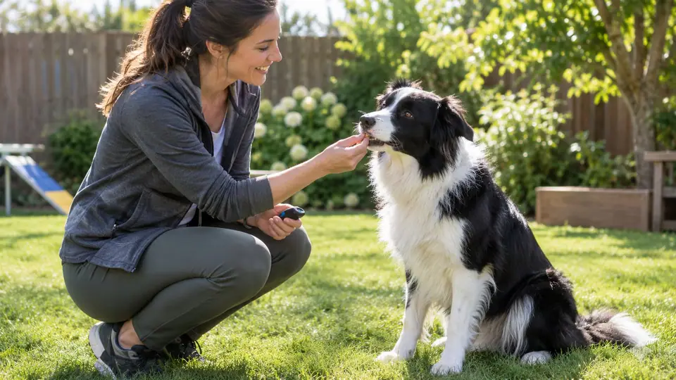 Owner kneeling to reward a Border Collie in a garden