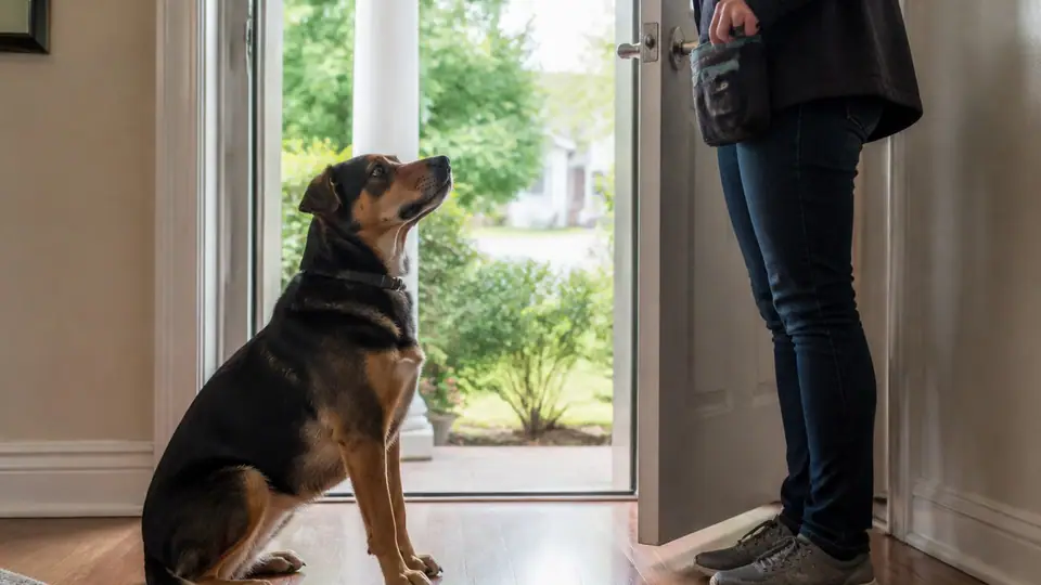 Dog sitting and waiting at an open back door
