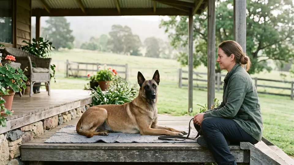 Trainer sitting on a farmhouse porch beside a calm shepherd dog lying on a mat