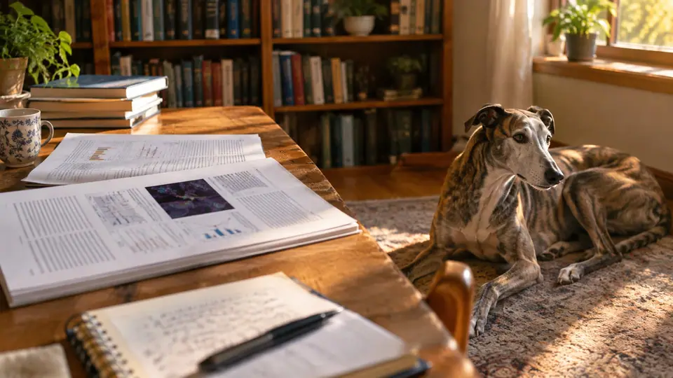 Research papers on a desk with a Greyhound resting nearby