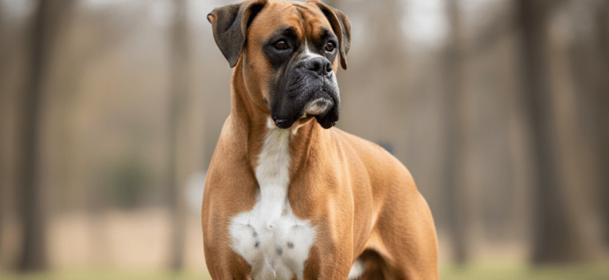 German Boxer standing outdoors with a muscular build and alert expression, realistic detailed coat and natural lighting