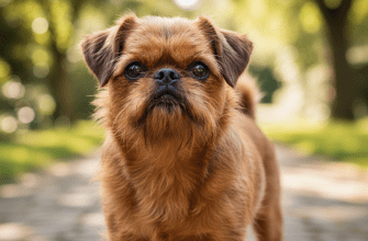 Brussels Griffon standing outdoors with an expressive face, realistic detailed coat and natural lighting