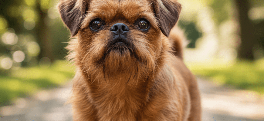 Brussels Griffon standing outdoors with an expressive face, realistic detailed coat and natural lighting